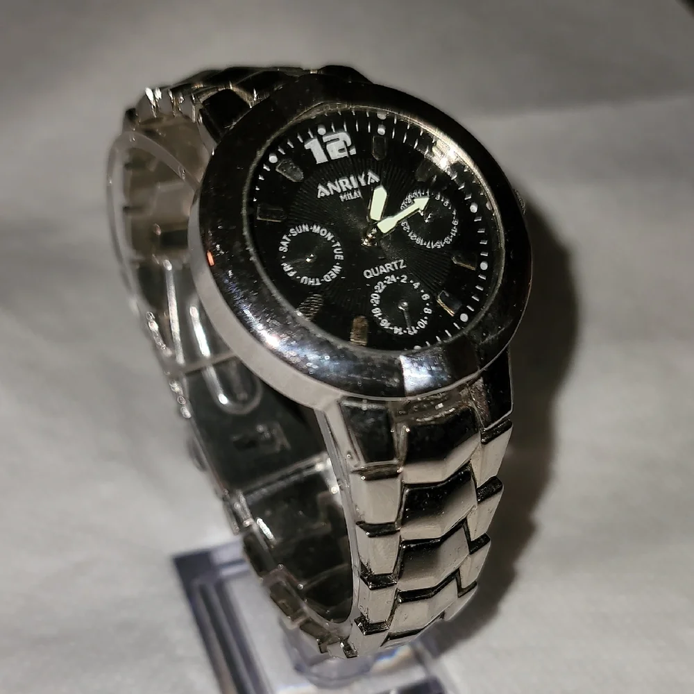 Anrya Milan Mens Silver Watch Black Face 3‎ Decorztove Sub-Dials